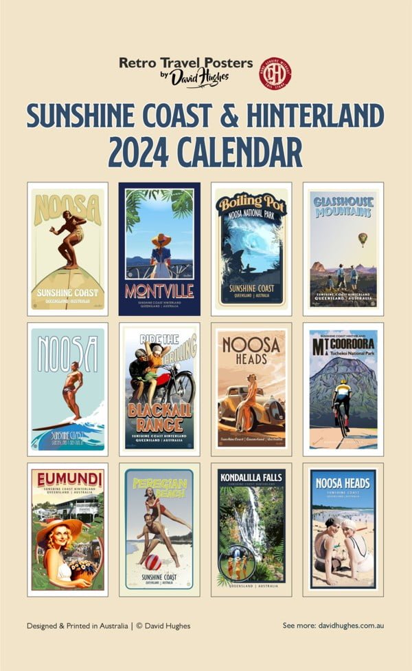 Sunshine Coast and Hinterland 2024 Retro Travel Posters by David Hughes